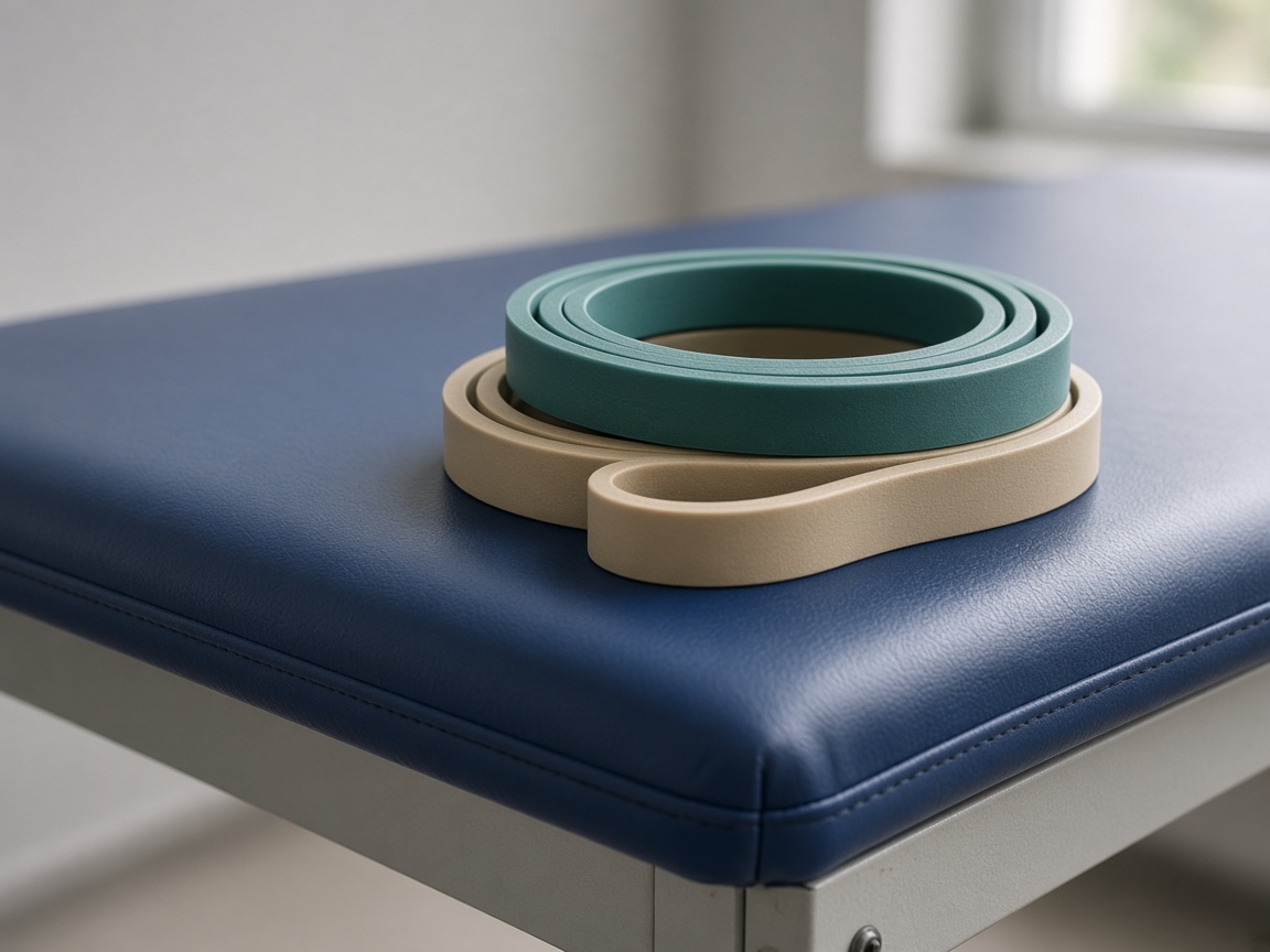 Close view of looped teal and beige resistance bands resting on a blue vinyl therapy table.