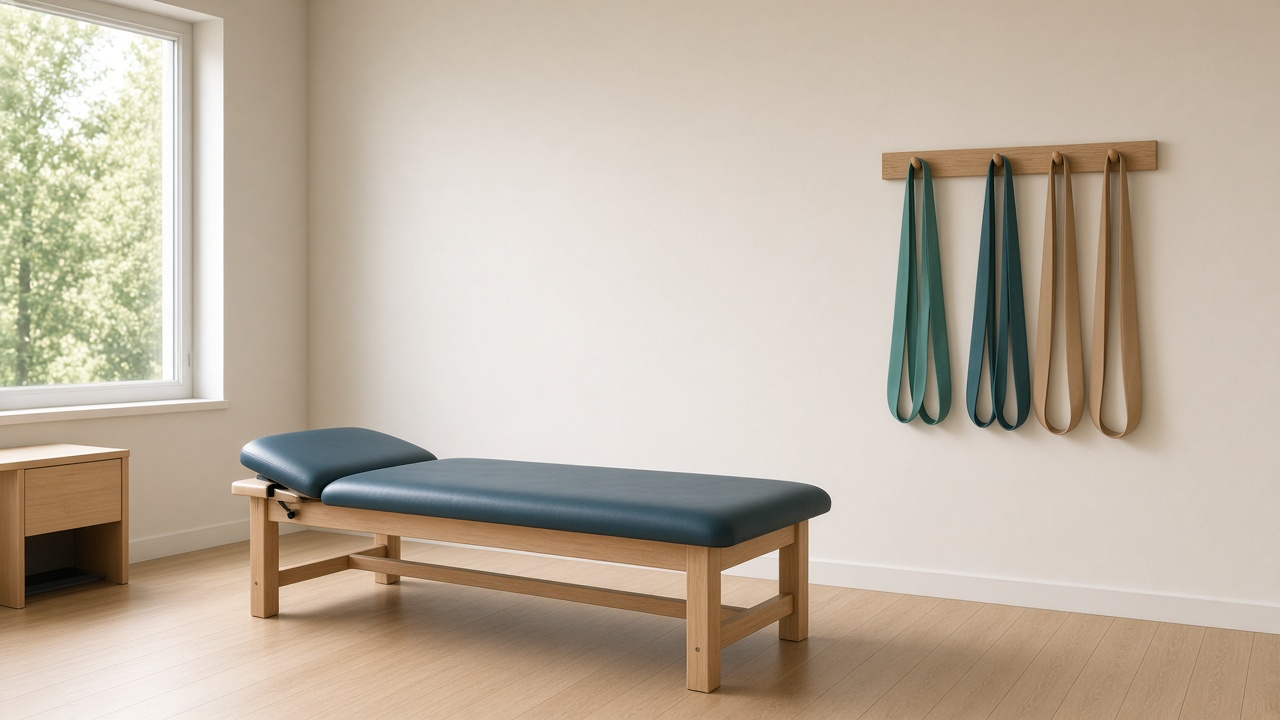 An empty physical therapy table stands near a window, with teal and sand bands on a wood rack and no wall charts.