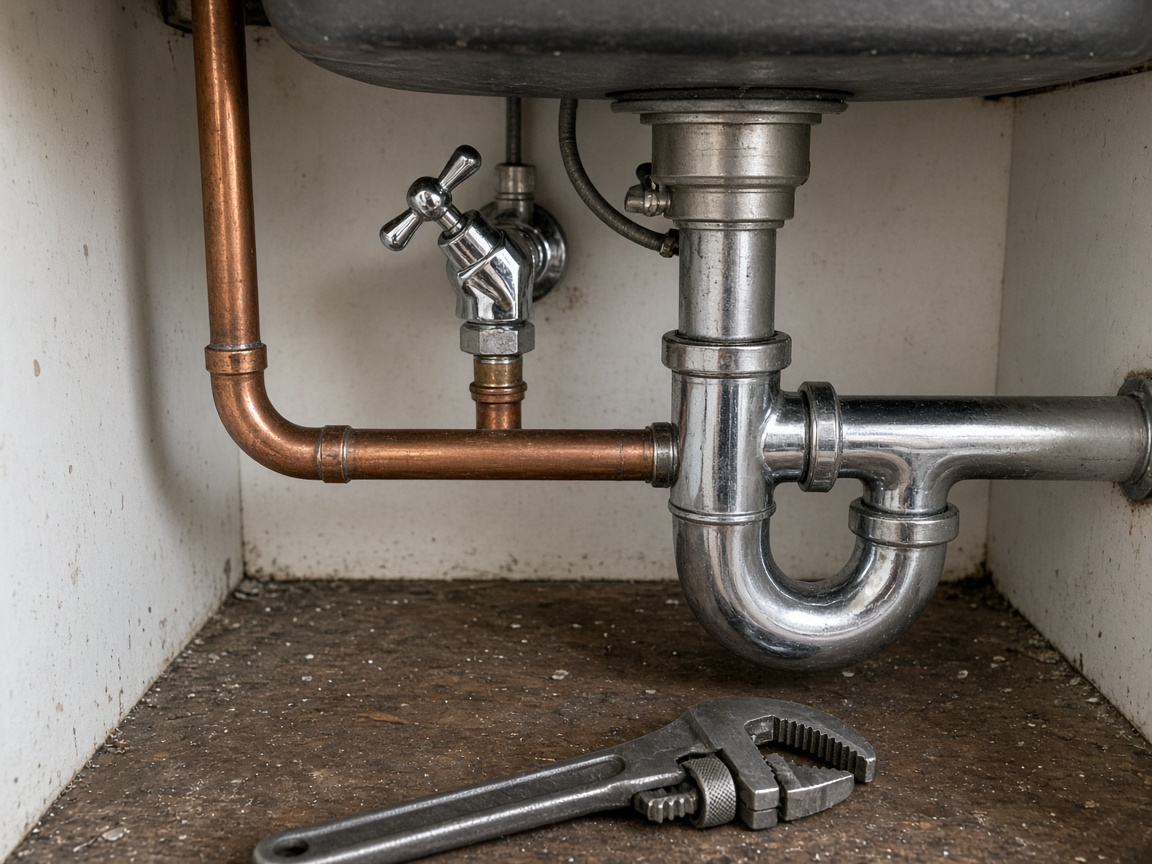 Copper supply lines, a shutoff valve, and a chrome P-trap sit under a sink beside an adjustable wrench.