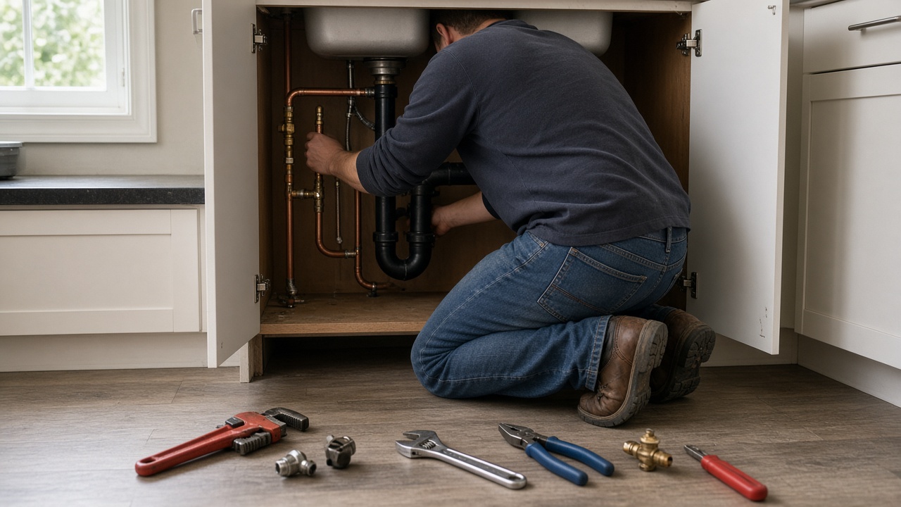 A plumber seen from behind kneels inside an open sink cabinet, with wrenches and fittings on the floor.