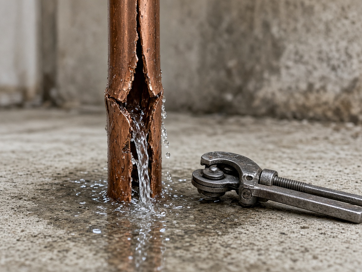 Water streams from a cracked copper pipe onto a concrete floor next to a pipe cutter.