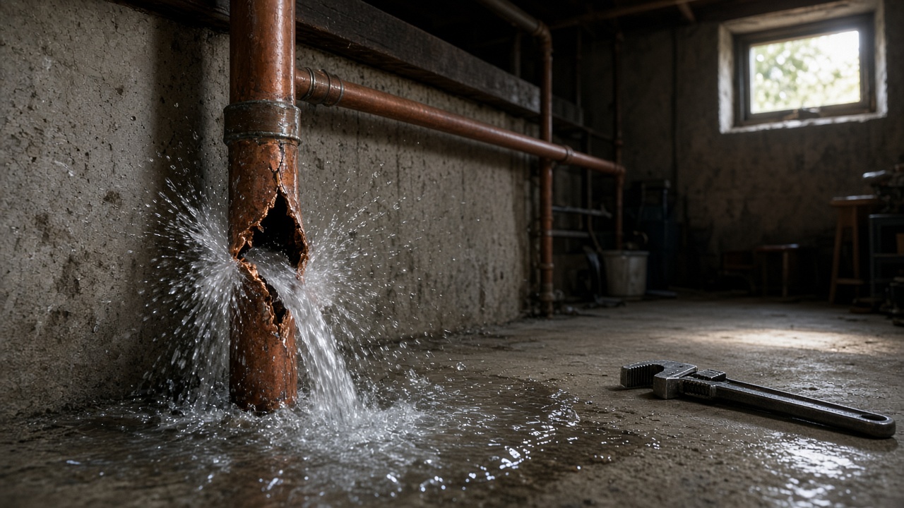 Water sprays from a split vertical copper pipe onto a concrete basement floor next to a pipe wrench.