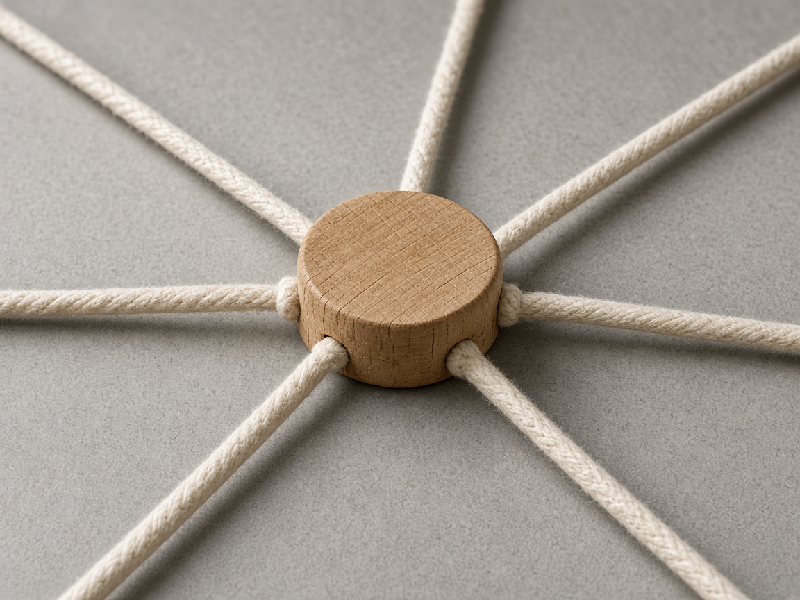 Six plain cotton strings are tied to a round wooden hub.