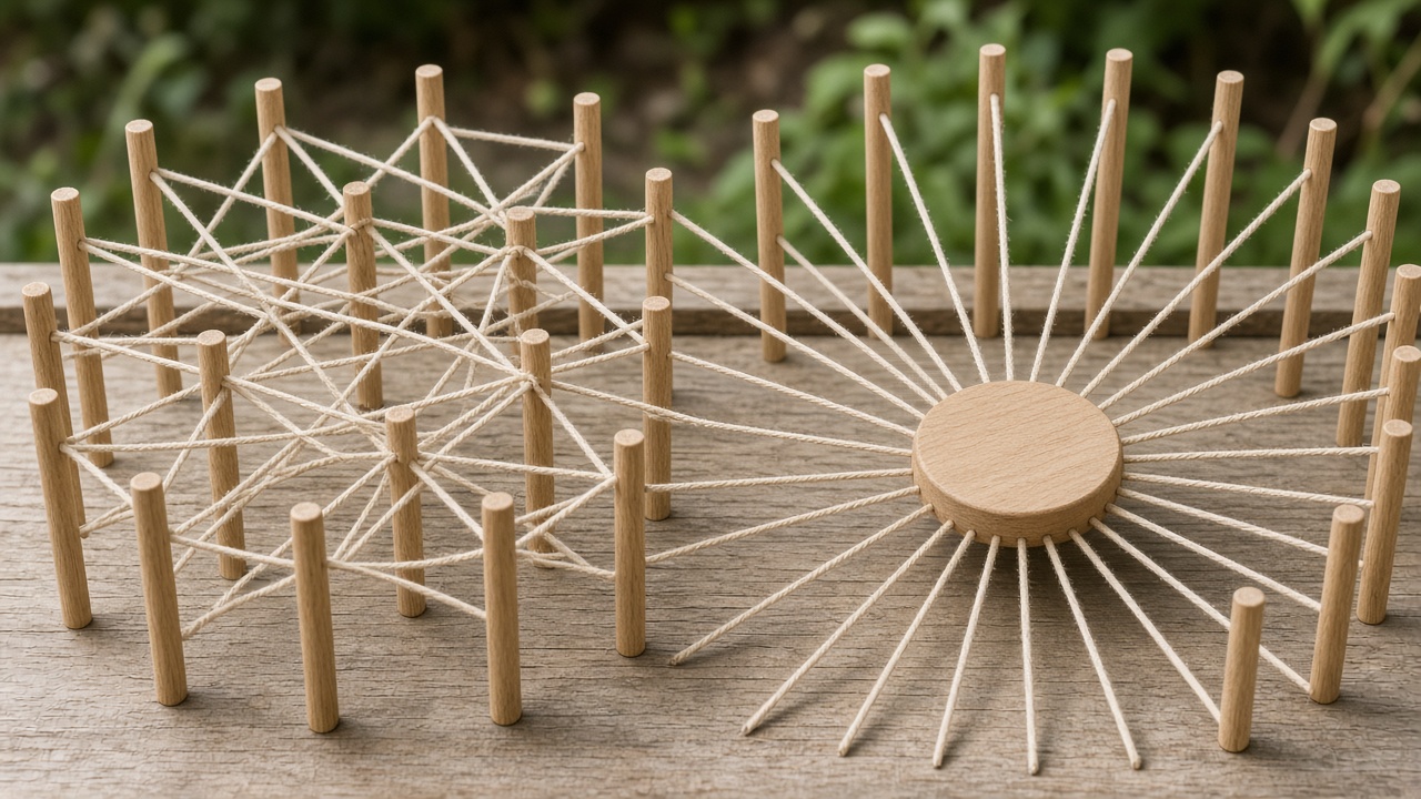 Tangled cotton strings between pegs sit beside strings that meet at one wooden hub.