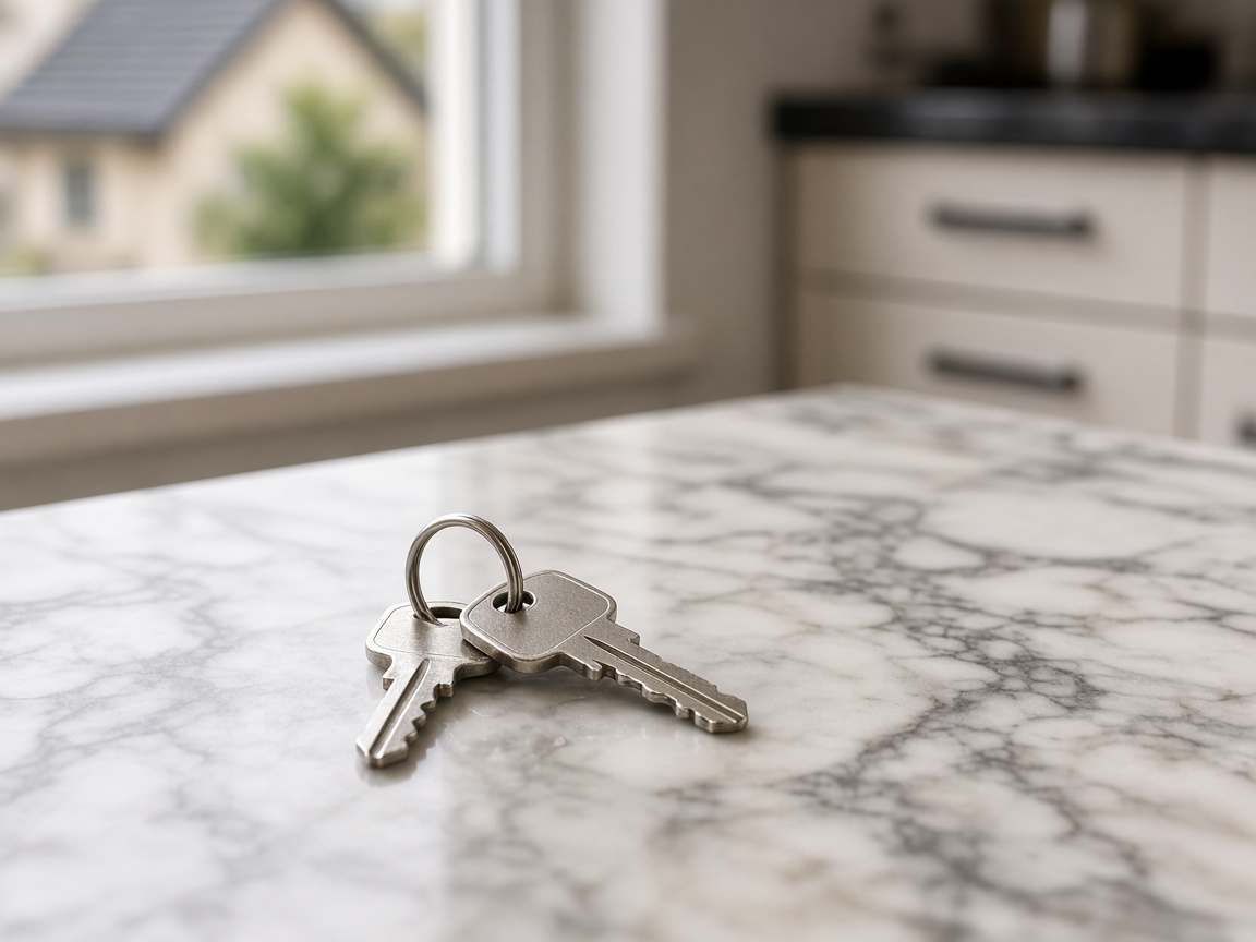 Two silver keys on a ring lie on white marble, a house blurred through the kitchen window.
