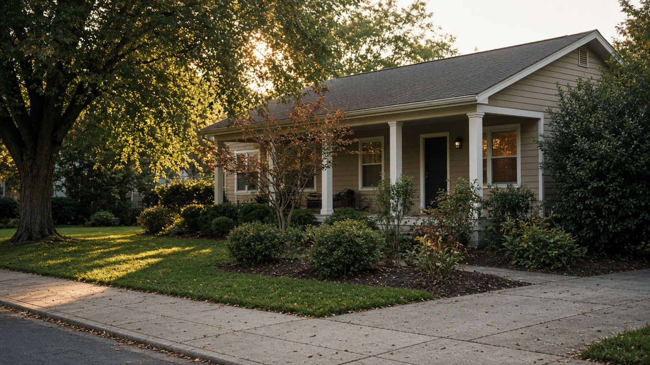 A beige house with a porch is seen from a sidewalk under large trees at sunset.