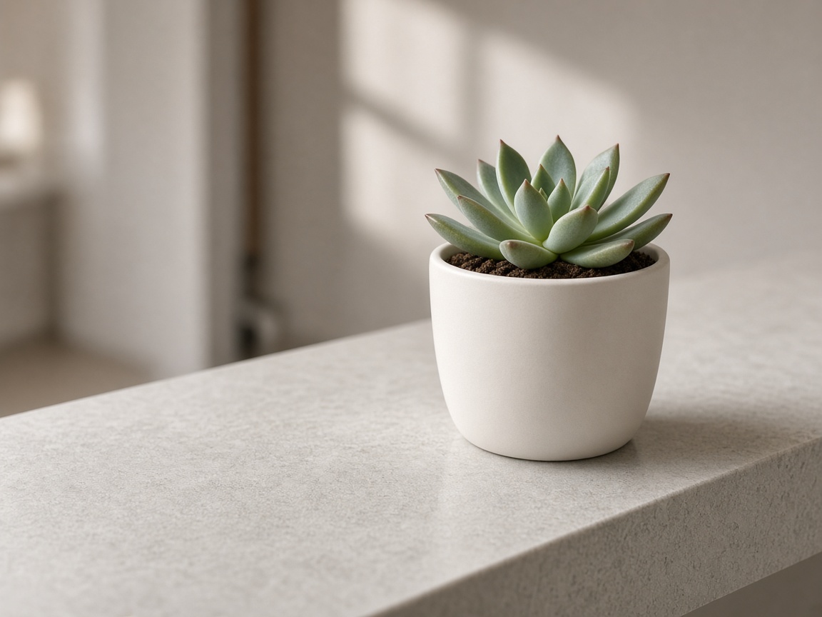 Close view of a green succulent in a white pot on the corner of a pale stone clinic counter.