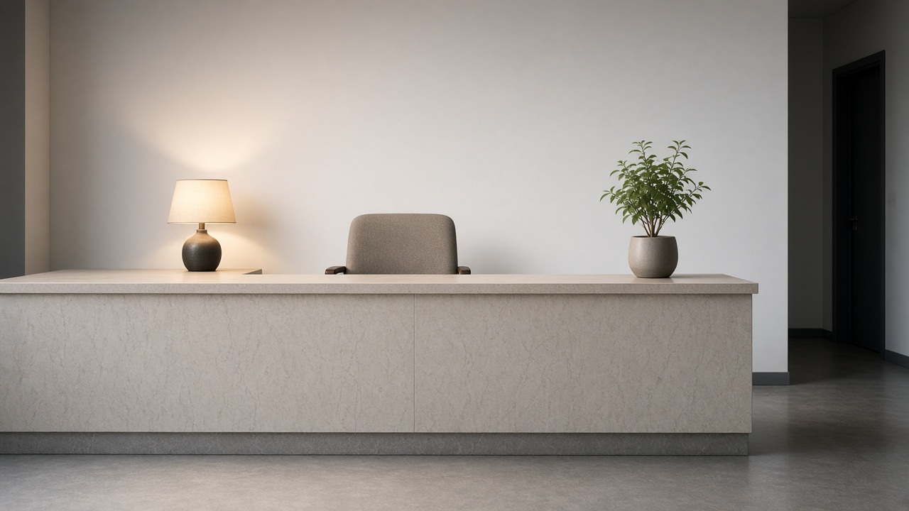 An empty clinic reception desk in pale stone, with a lamp, a plant, and a chair, and no computer or papers.