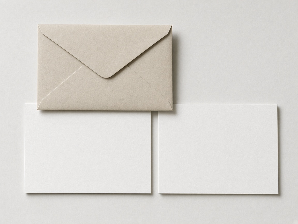 A closed envelope rests on a blank card, with another blank card beside it.