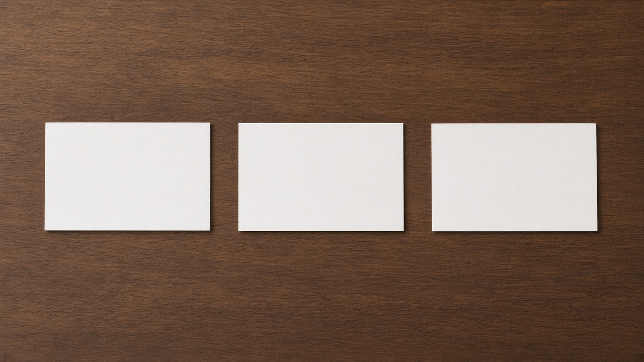 Three identical blank cards lie in an even row on a walnut desk.