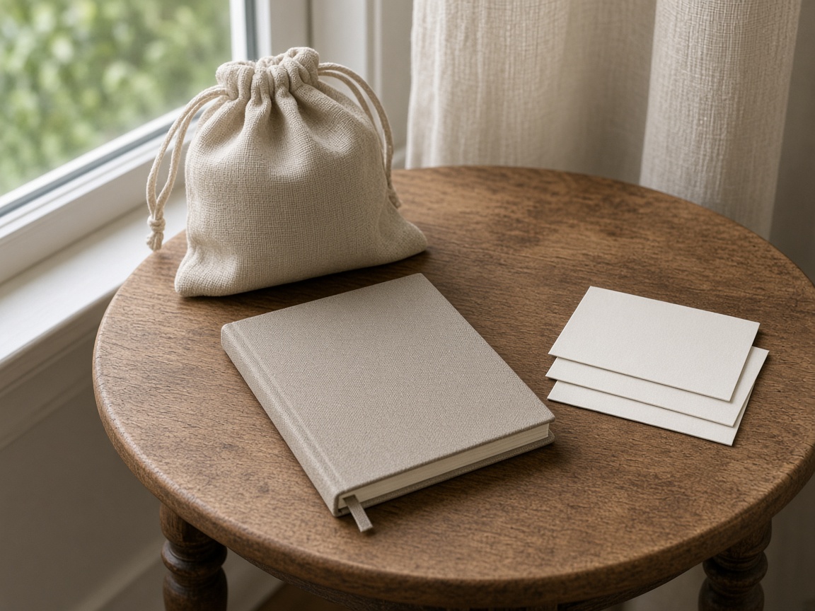 A linen pouch, a closed notebook, and three blank cards sit by a window.