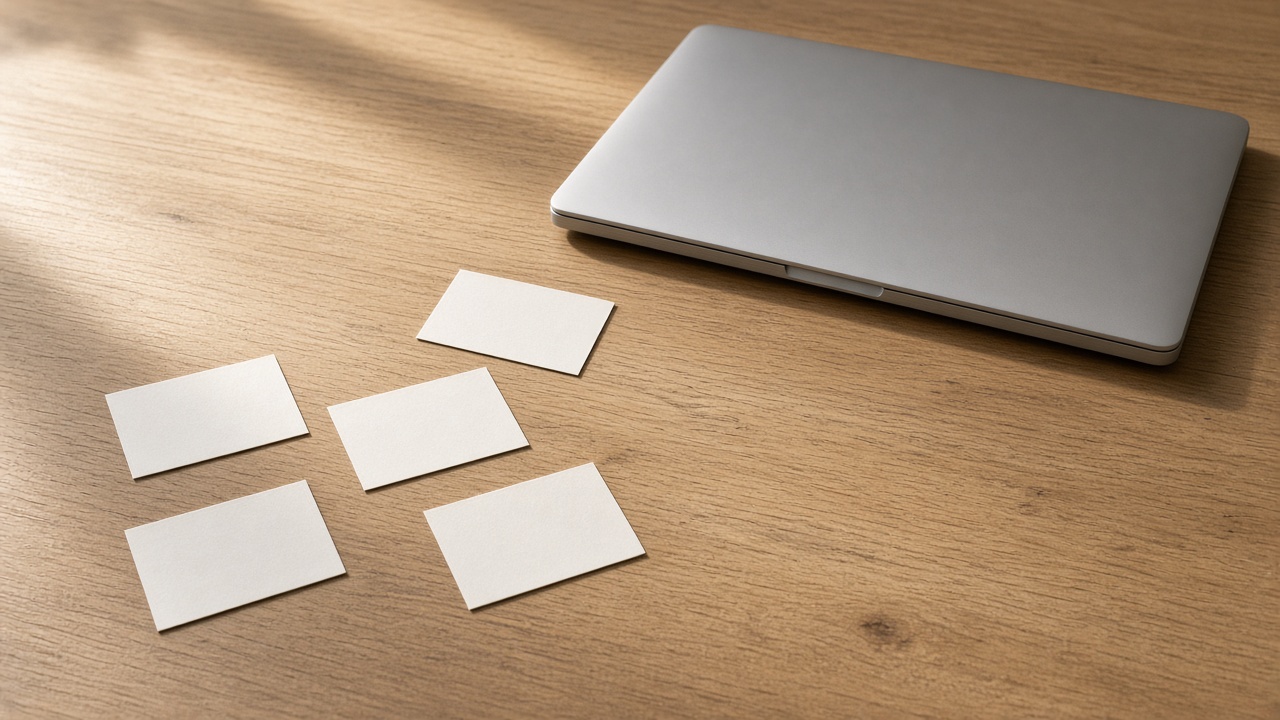 Blank index cards lie face down beside a closed laptop.