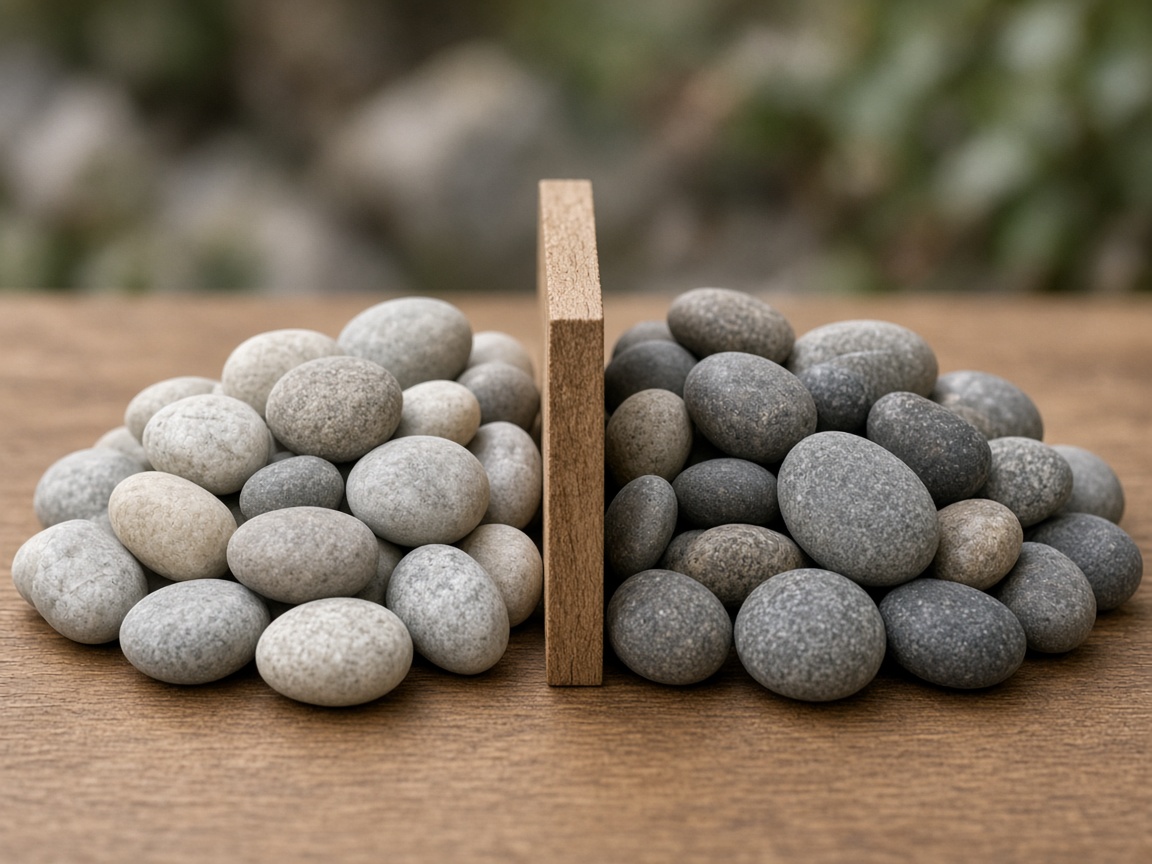 A wooden divider separates two groups of identical smooth stones.