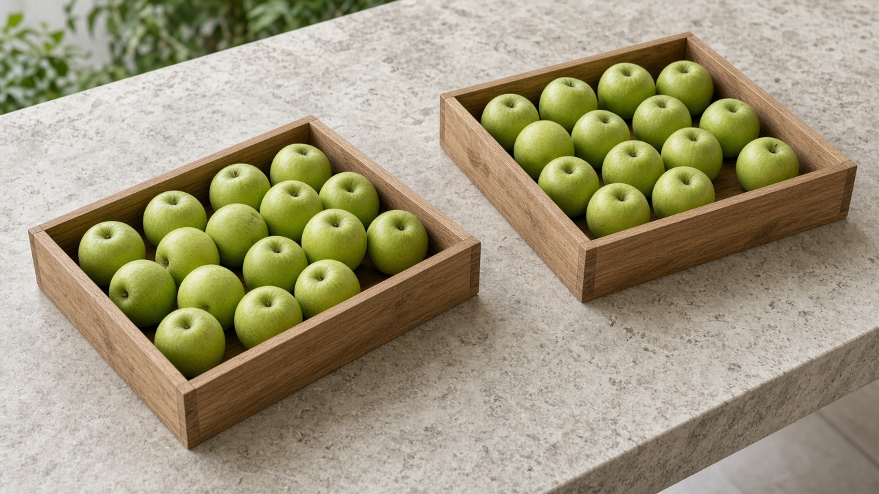 Two wooden trays hold the same green apples and do not touch.