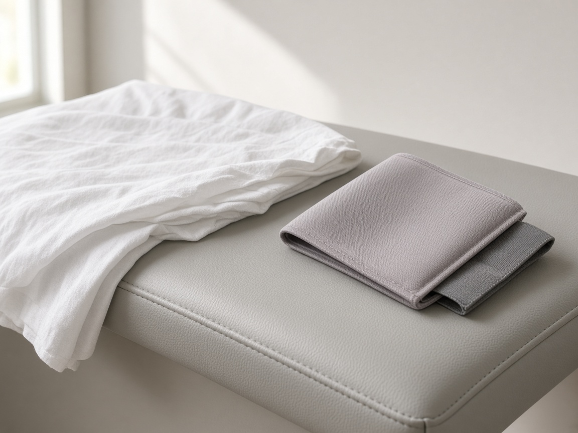 Close view of a white sheet and an unmarked gray blood-pressure cuff on a pale exam table.