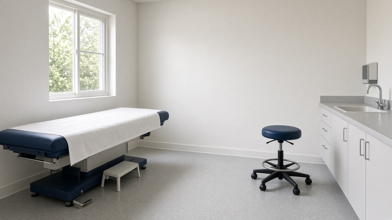 An empty primary care exam room with a blue exam table, a rolling stool, a sink, and a window, and no posters.