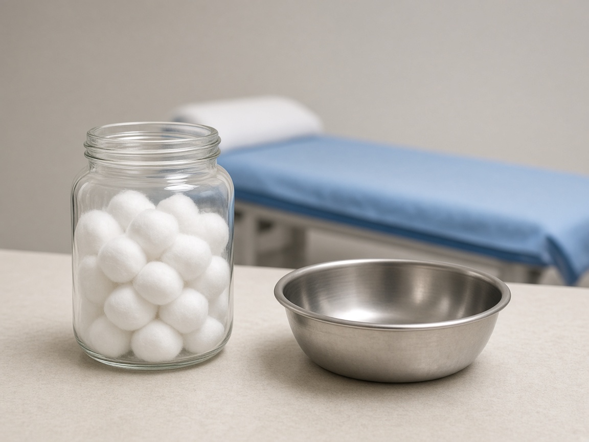 An unlabeled glass jar of cotton balls and a stainless basin rest on a counter in front of a blurred exam table.