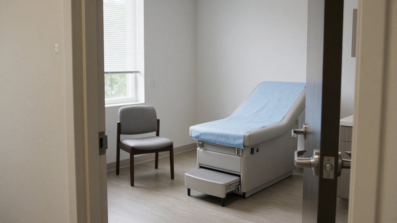 An open doorway frames an empty primary care exam room with a visitor chair and a blue-covered exam table.