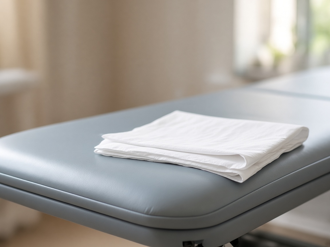Close view of a neatly folded white sheet on a gray vinyl exam table in soft light.