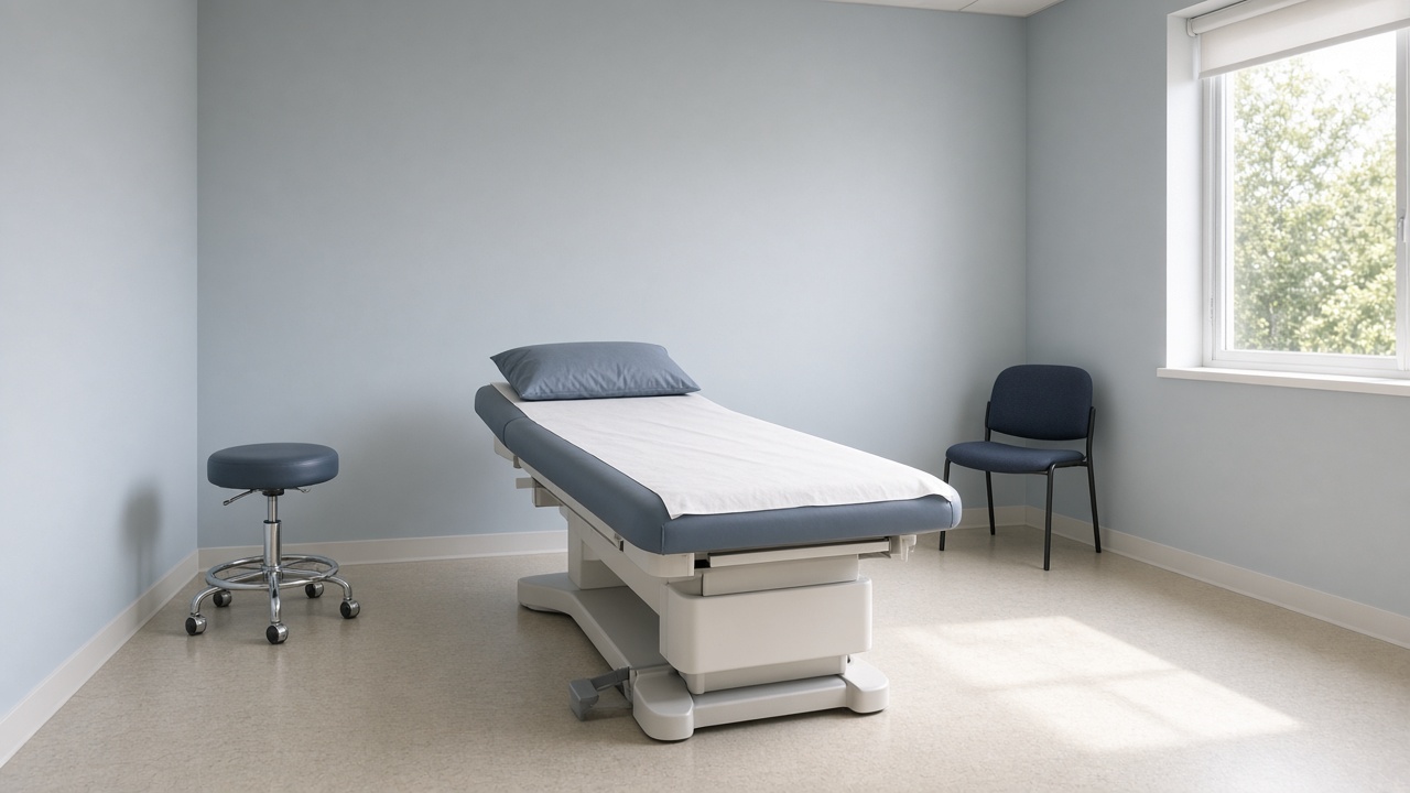 An empty primary care exam table with a pillow and sheet stands between a stool and a chair in morning light.