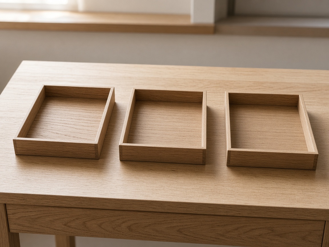 Three empty wooden trays sit evenly spaced on a short desk.