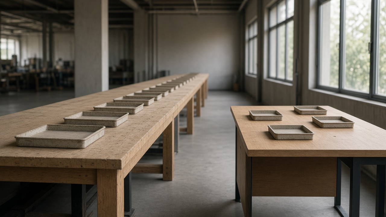 Many trays recede along a long table, while a short desk holds only three.