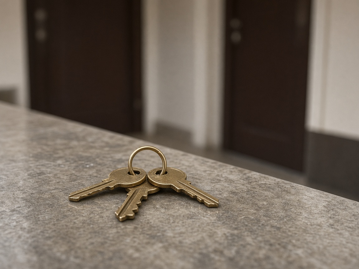 Three brass keys on a ring rest on a stone surface with blurred unmarked doors behind.