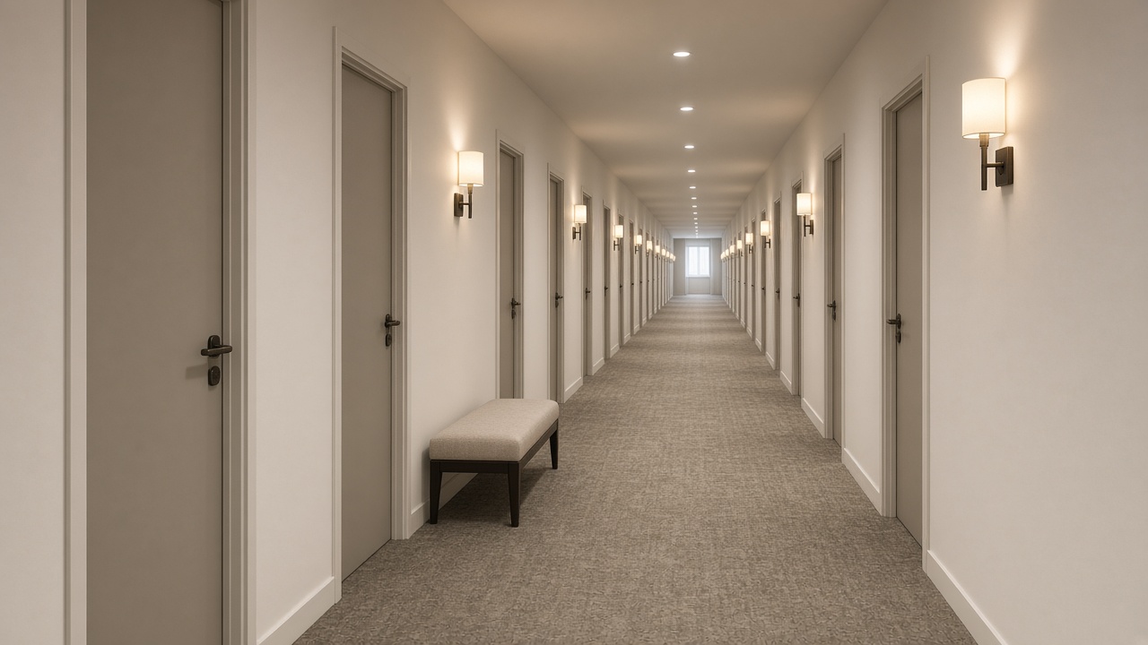 An apartment corridor with plain doors, wall sconces, and a small bench has no unit numbers.