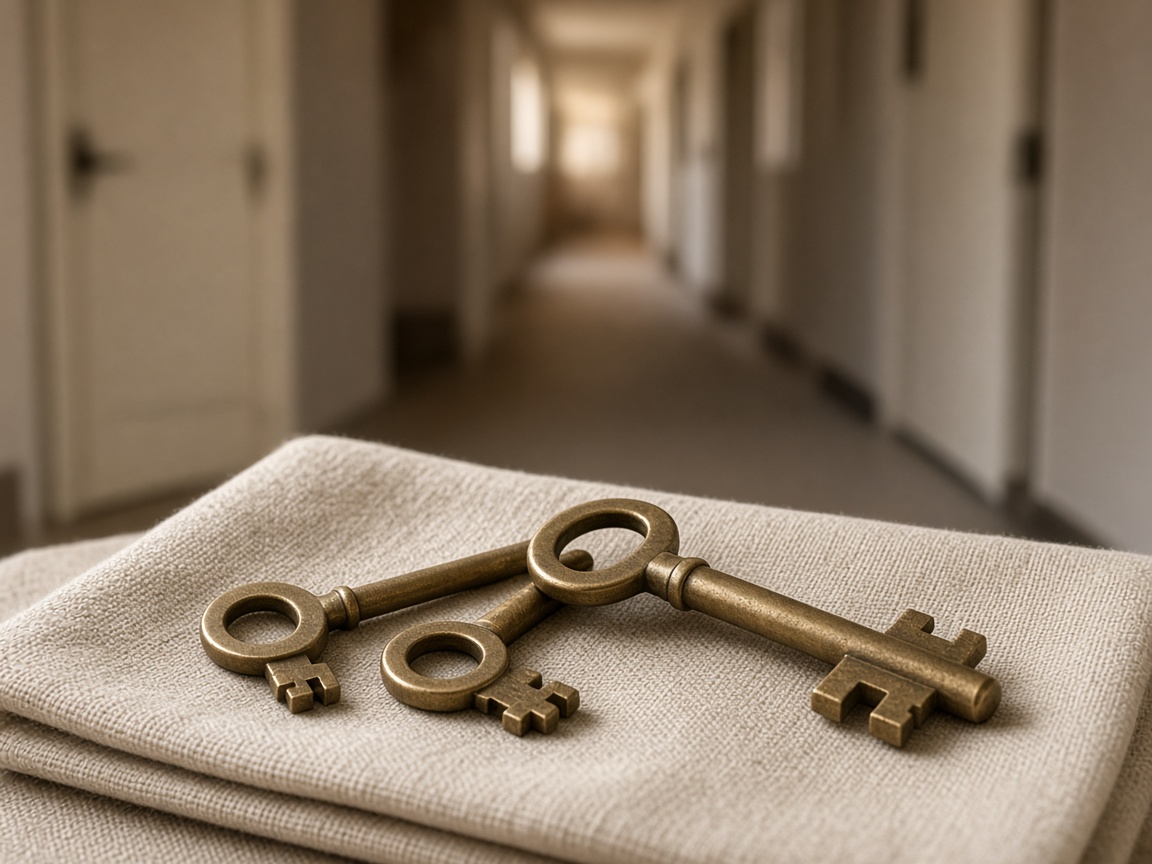 Three antique-style brass keys rest on beige linen with an apartment hallway blurred behind.
