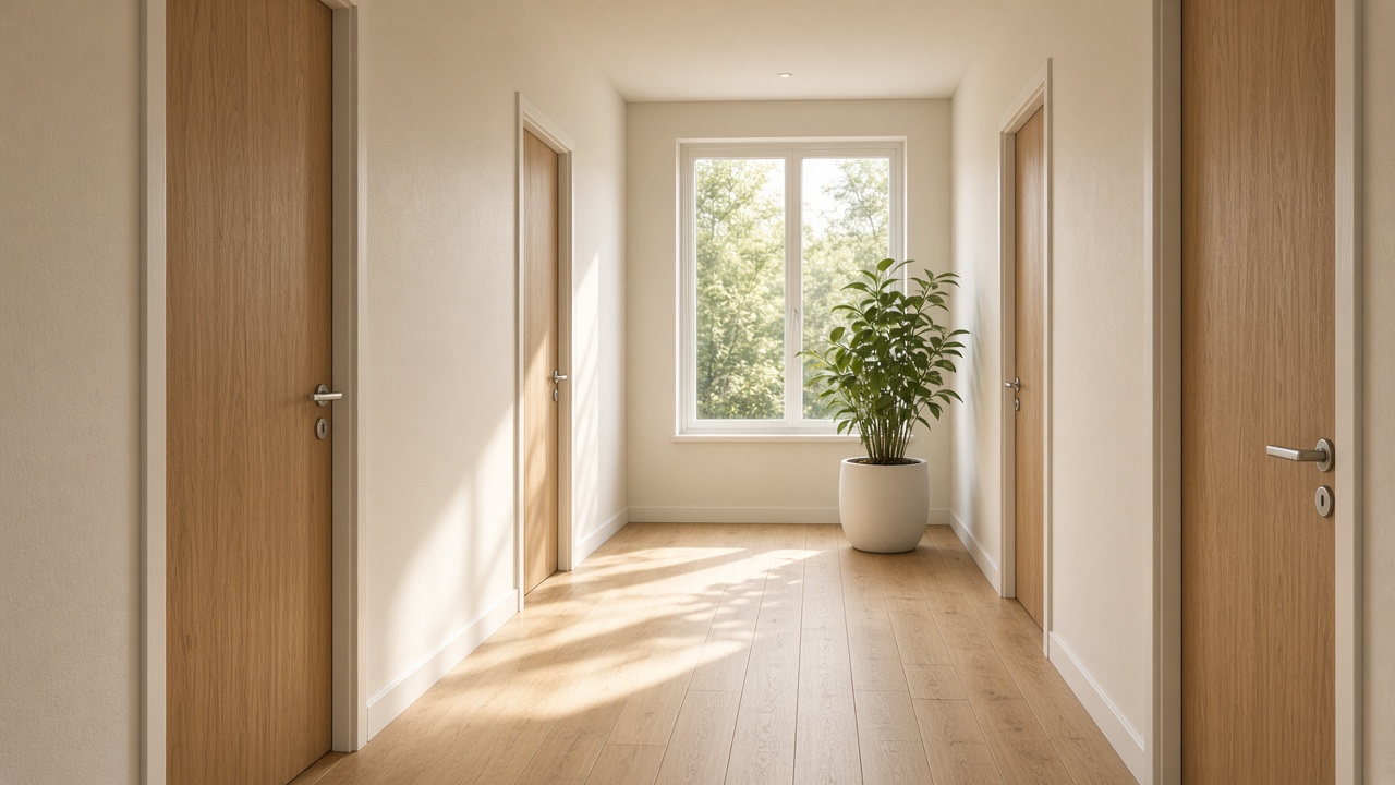 A bright apartment corridor with oak doors and a large plant has no numbers or signs.