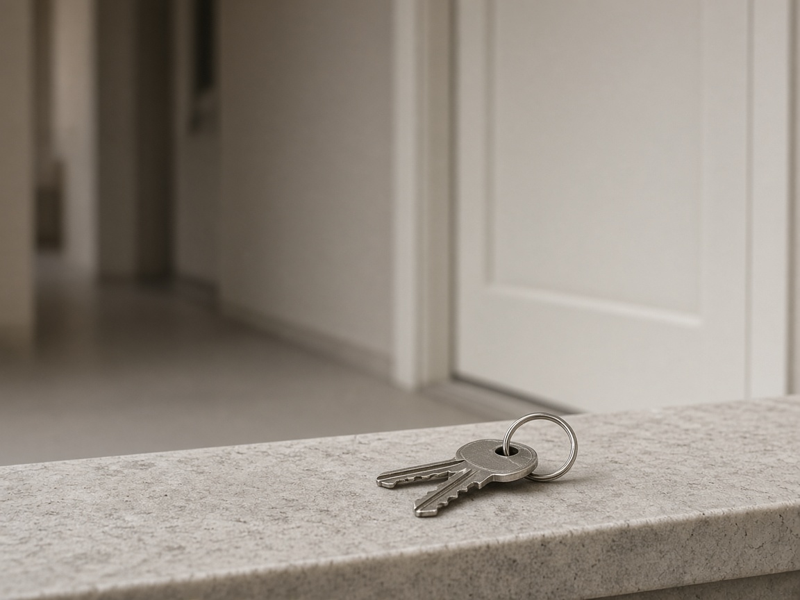 Two unmarked silver keys on a ring sit on a stone ledge in a pale corridor.