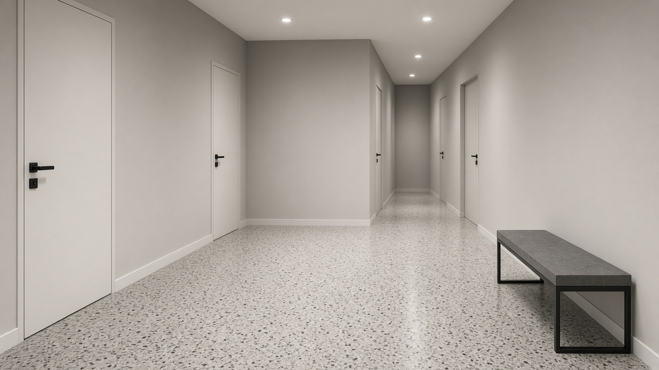 A terrazzo apartment hallway with white doors and a gray bench has no directory or numbers.