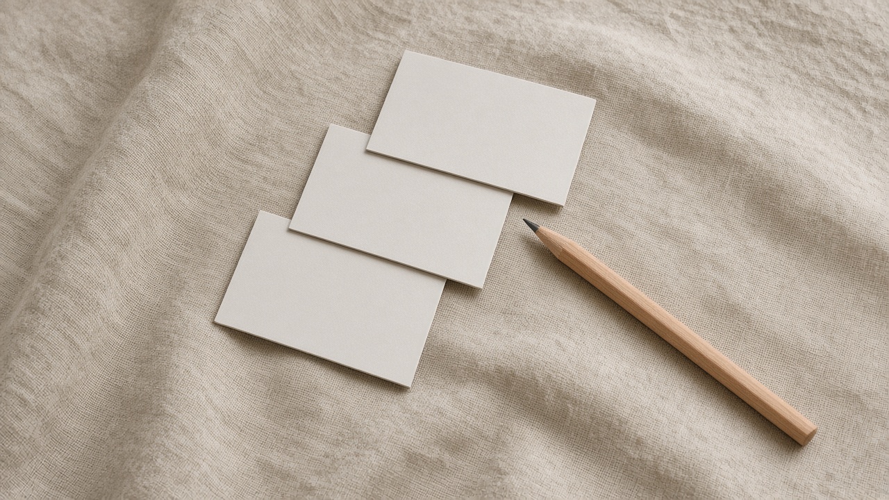 Three blank cards lie face down beside a pencil on linen.