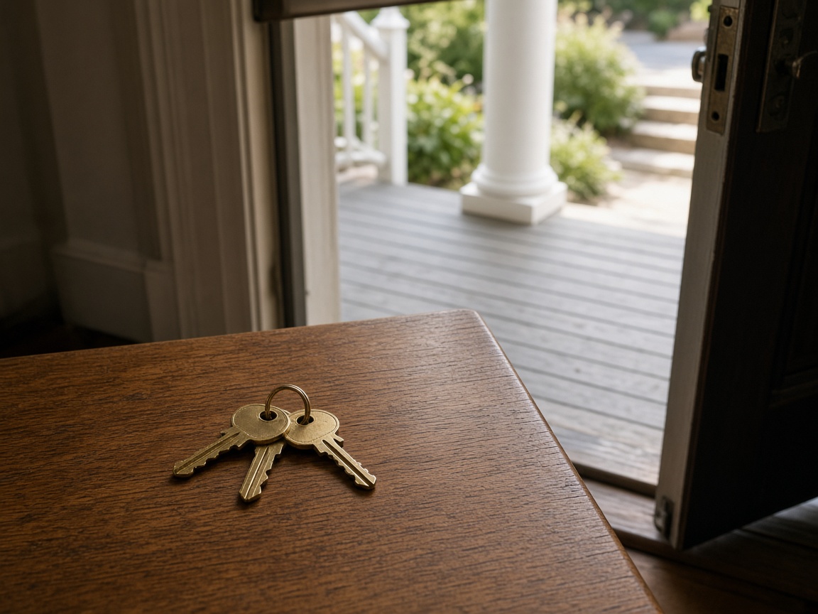 Two brass keys on a ring rest on a wood table with a porch and white column visible through the door.