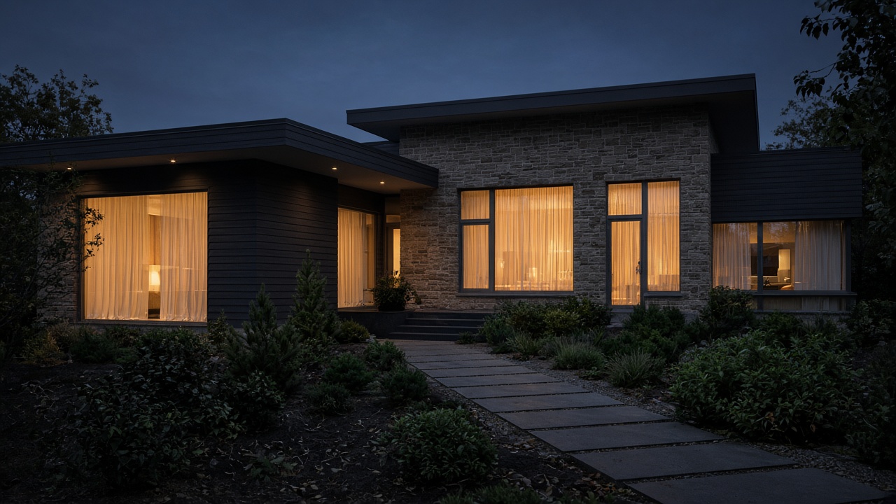 A dark modern house with stone and siding shows amber light behind curtains along a stone walk.
