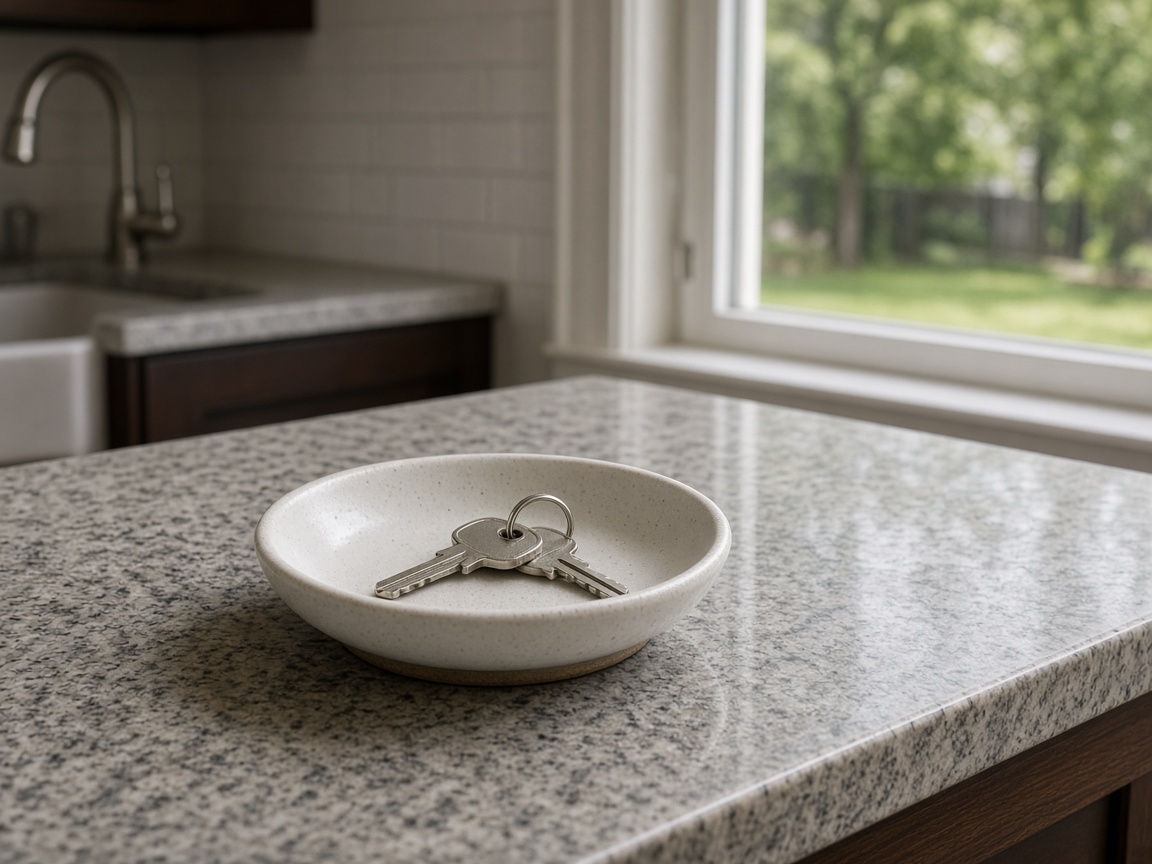 Two silver keys rest in a speckled ceramic bowl on a granite counter by a window.