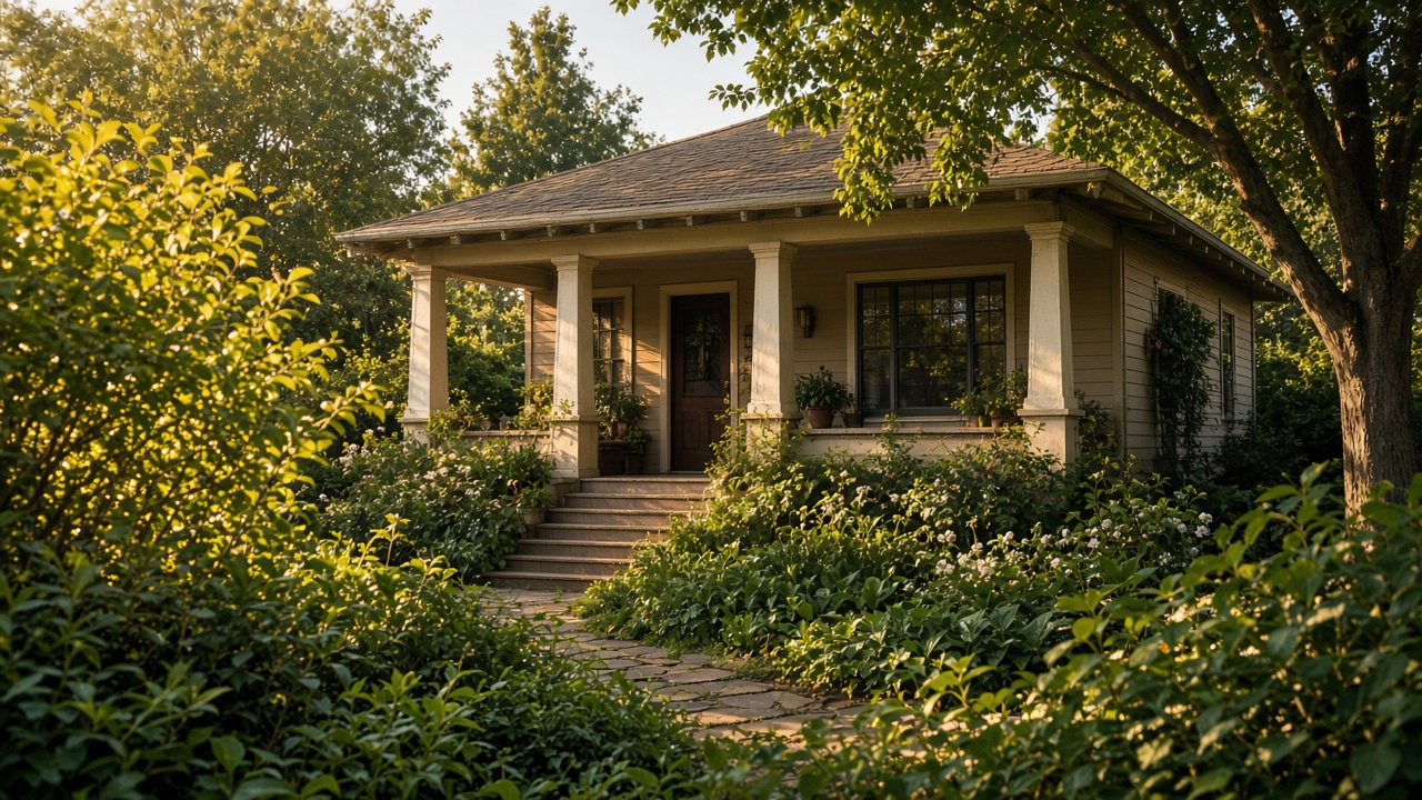 A cream bungalow with columns and a dark door is framed by dense green shrubs and trees.