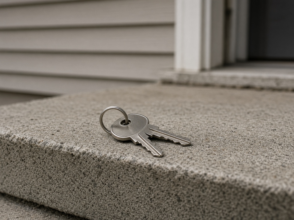 Two silver keys on a ring rest on a speckled concrete step in front of beige siding.