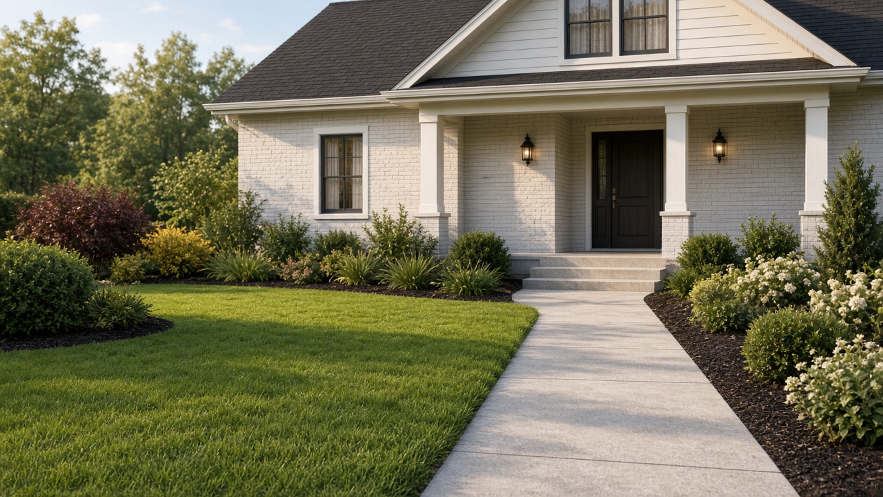 A white brick house with a dark door, columns, and a concrete walk is surrounded by a kept lawn.