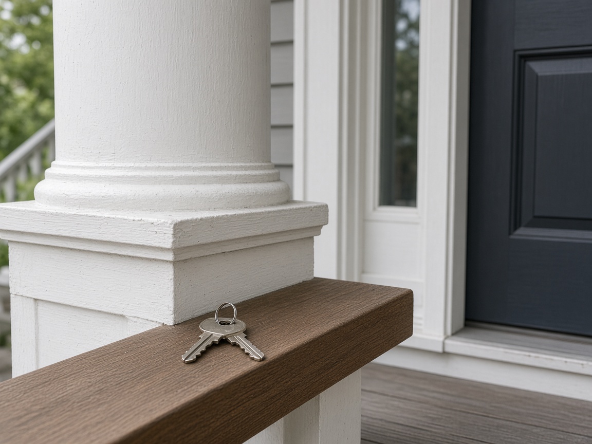 Two silver keys lie on a wood rail next to a white porch column and a dark front door.