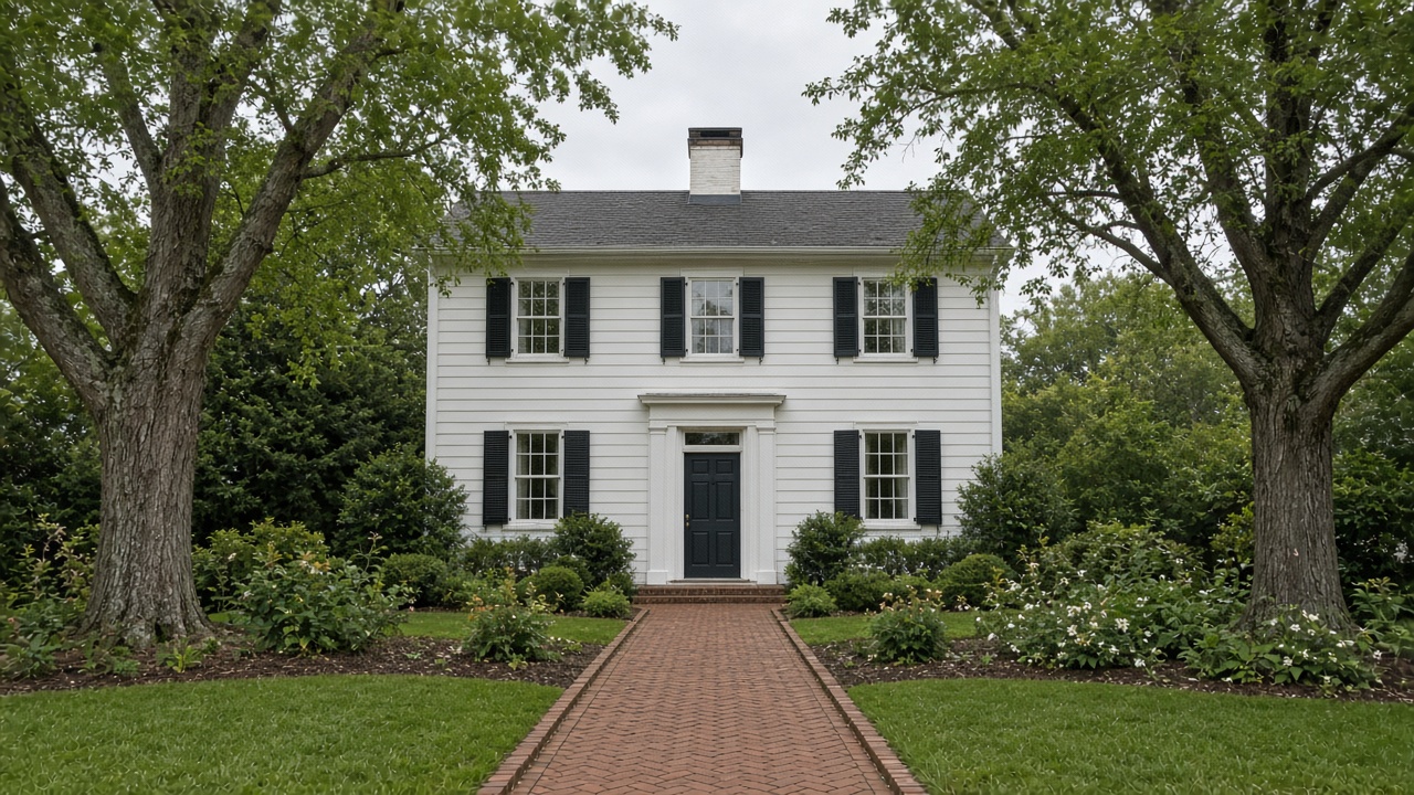 A white two-story colonial with black shutters and a dark door is framed by large trees and a brick path.