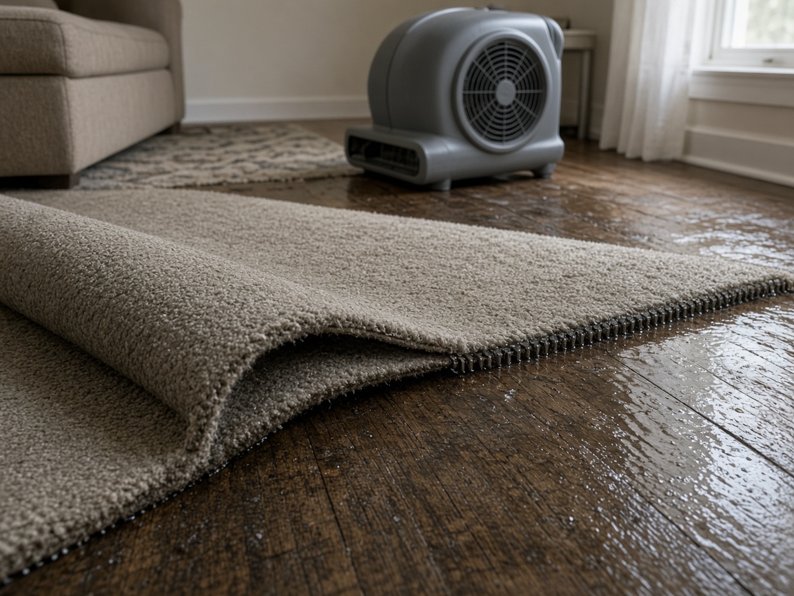 Beige carpet is folded back from a wet wood floor, with a gray air mover in the background.
