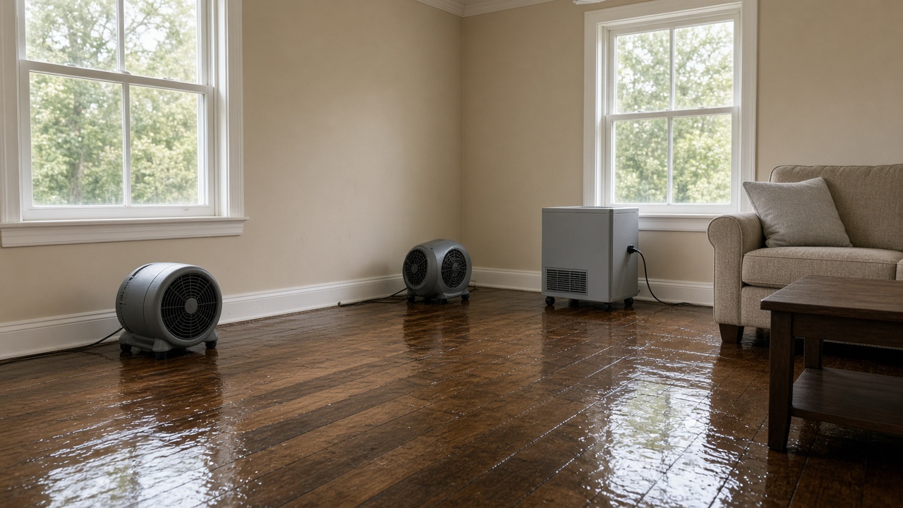 Two gray air movers and a dehumidifier sit on a wet hardwood floor in a bright living room.