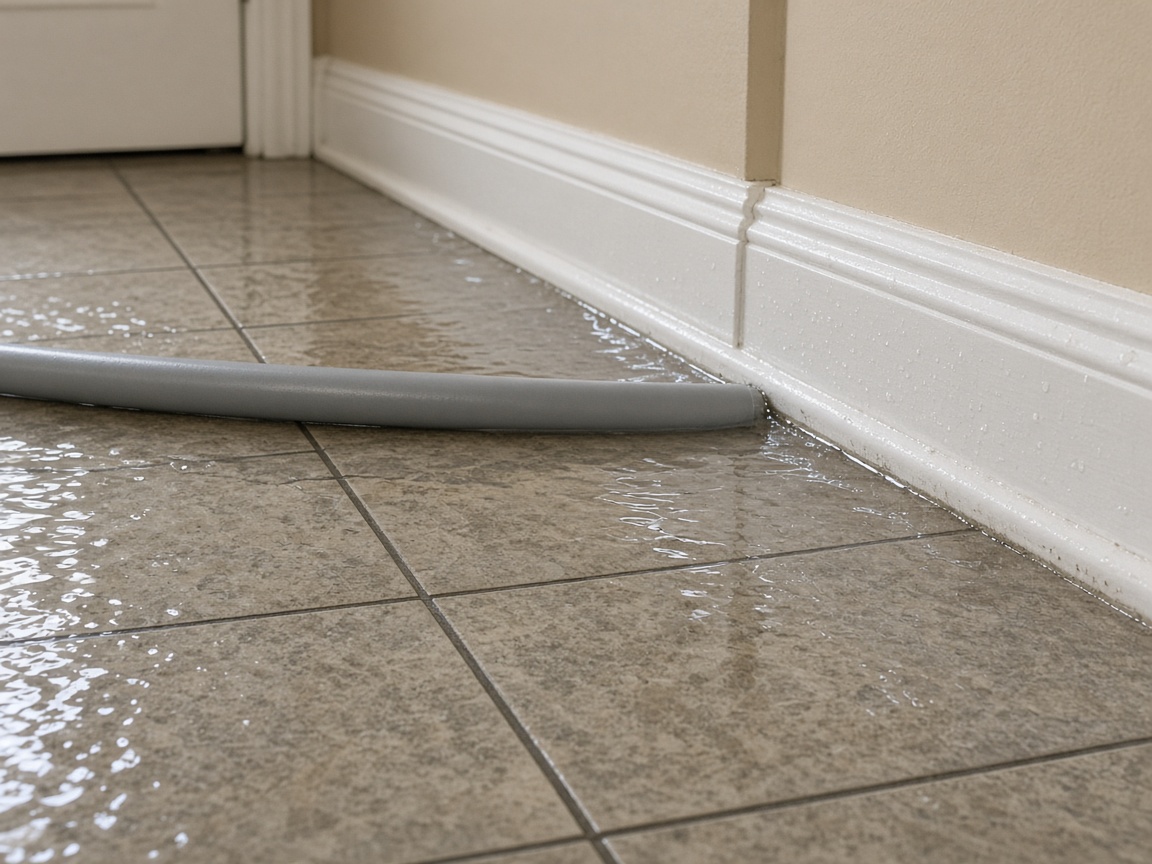 Shallow water pools against a white baseboard on a tile floor, with a gray hose lying in it.