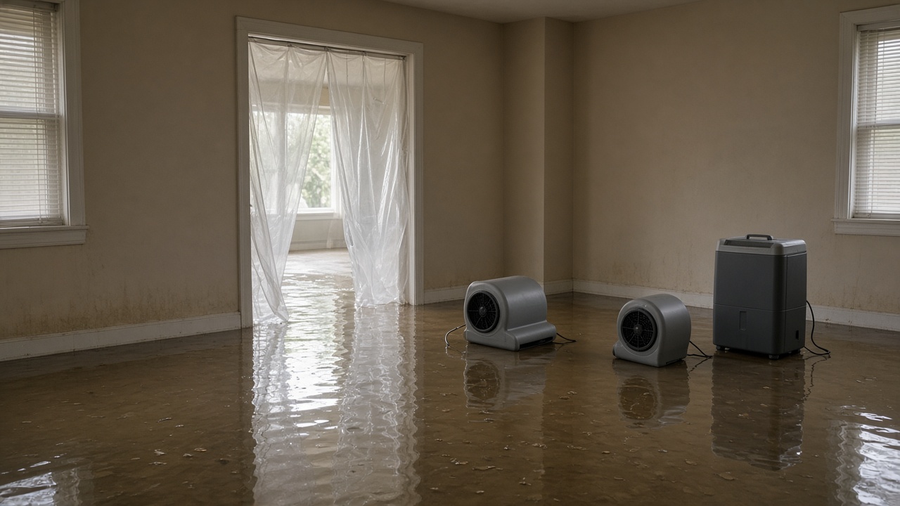 Air movers and a dehumidifier stand in a flooded living room with plastic sheeting across a doorway.