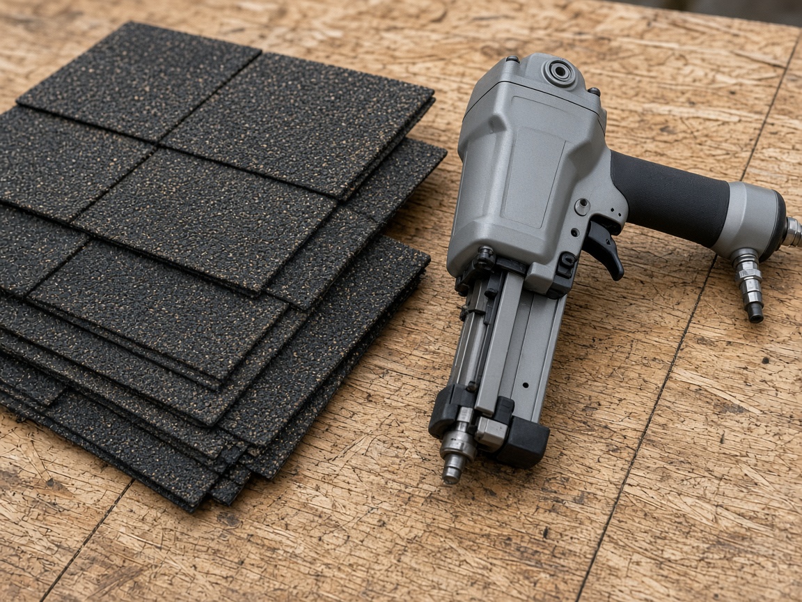 A stack of dark asphalt shingles lies next to a roofing nail gun on oriented strand board.