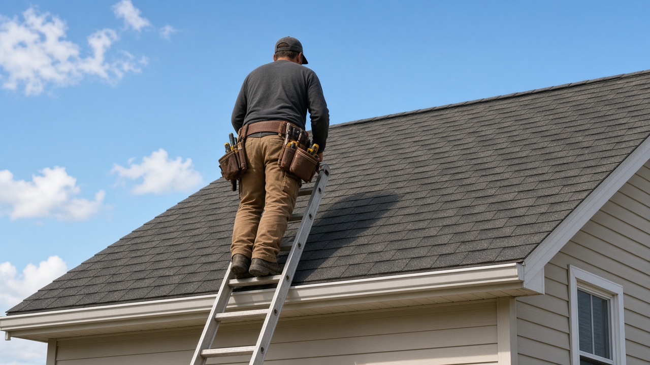 A roofer seen from behind stands on a ladder at the edge of a dark shingle roof.
