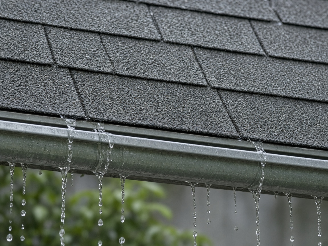 Rainwater spills over a metal gutter beneath wet asphalt shingles.