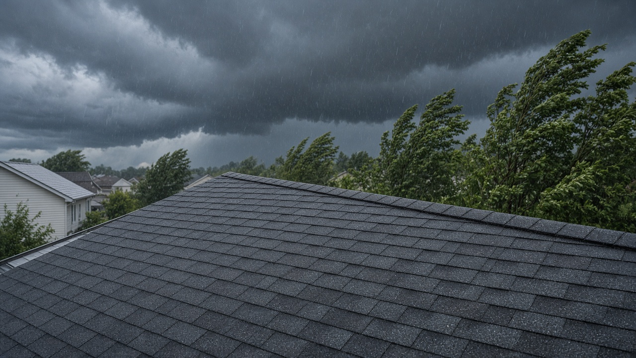 A dark asphalt roof fills the foreground under heavy storm clouds, with rain and windblown trees behind it.