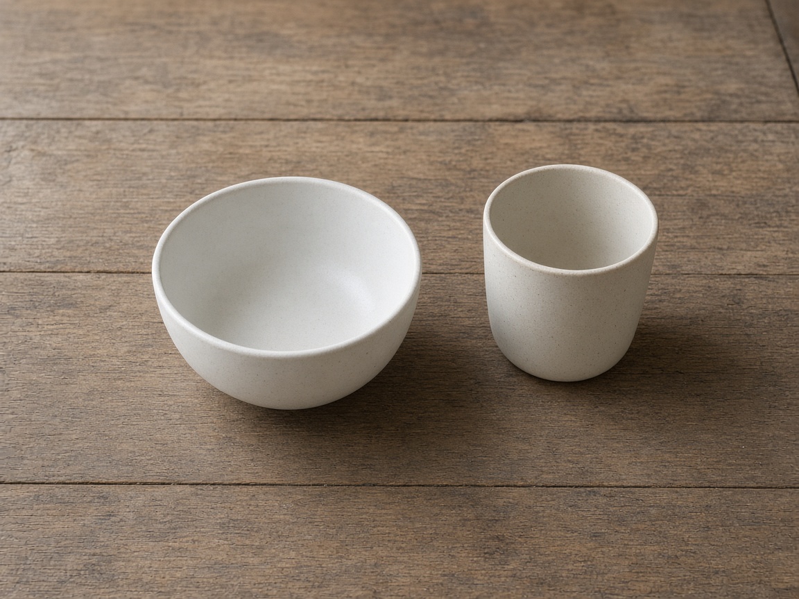 One bowl and one cup form a single place setting on a bare table.